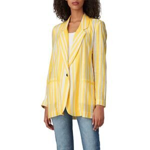 Willow Meyer Blazer‎ Women's Small Yellow White Striped Linen Blend Long Sleeve